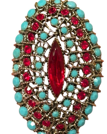 Vintage LG oval  Gold Filigree Brooch  Red &  Turquoise glass accents crystals