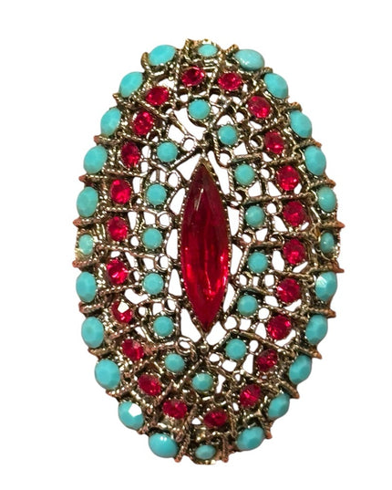 Vintage LG oval  Gold Filigree Brooch  Red &  Turquoise glass accents crystals