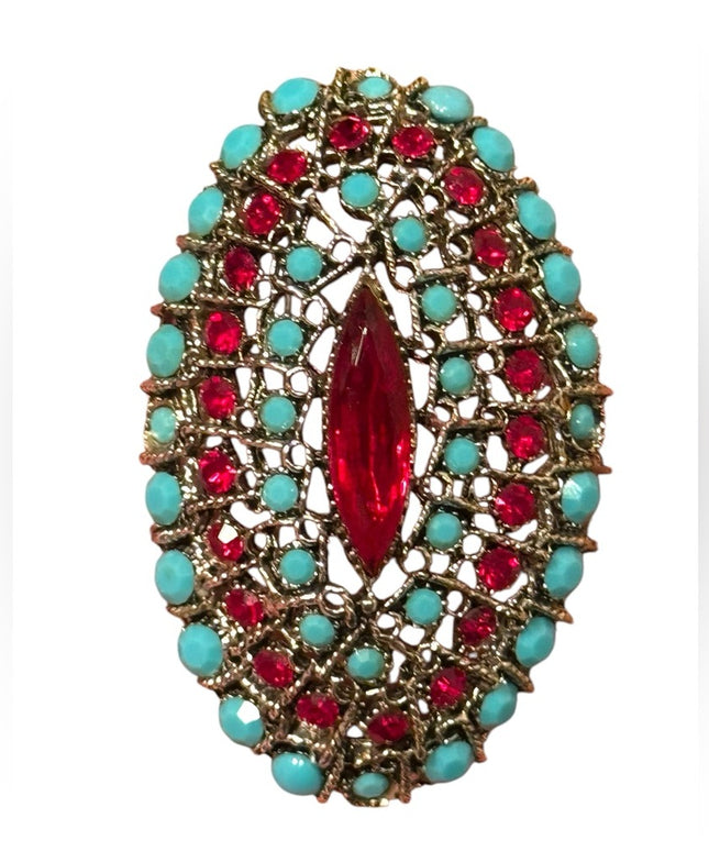 Vintage LG oval  Gold Filigree Brooch  Red &  Turquoise glass accents crystals
