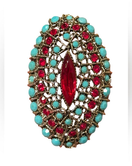 Vintage LG oval  Gold Filigree Brooch  Red &  Turquoise glass accents crystals