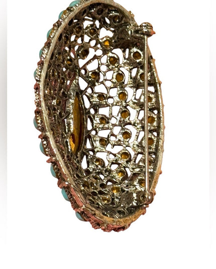 Vintage LG oval  Gold Filigree Brooch  Red &  Turquoise glass accents crystals