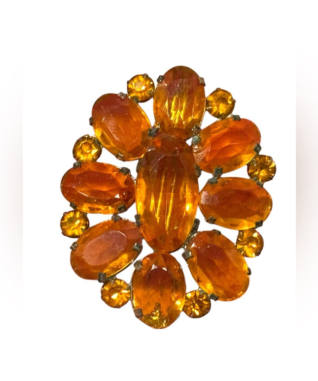 Vintage Czech glass brooch Autumn colored crystals rhinestone Silver finish