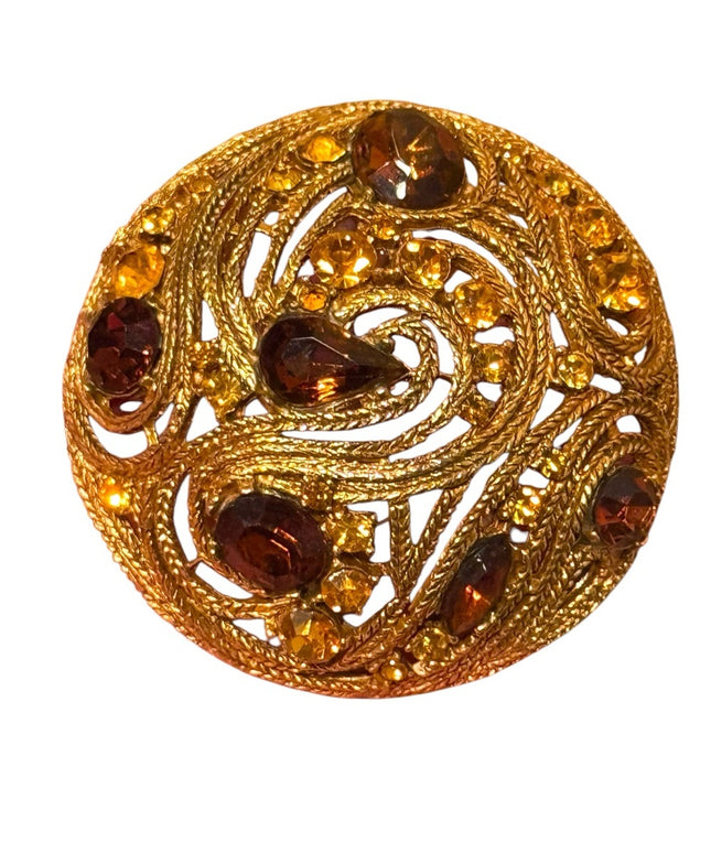 Rare Vintage La Roco Domed Brooch Filigree Citrine topaz Austrian Crystals 1950s