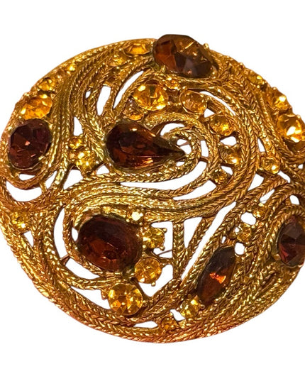 Rare Vintage La Roco Domed Brooch Filigree Citrine topaz Austrian Crystals 1950s