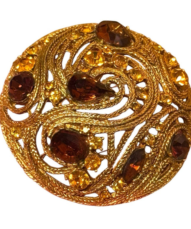 Rare Vintage La Roco Domed Brooch Filigree Citrine topaz Austrian Crystals 1950s