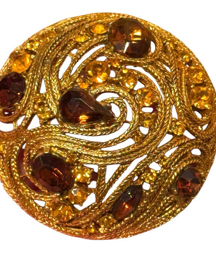 Rare Vintage La Roco Domed Brooch Filigree Citrine topaz Austrian Crystals 1950s