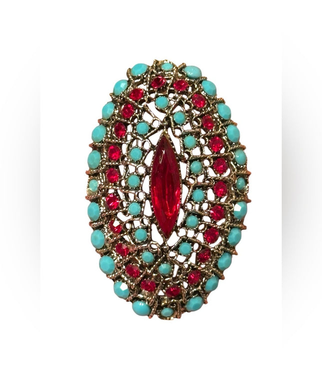 Vintage LG oval  Gold Filigree Brooch  Red &  Turquoise glass accents crystals