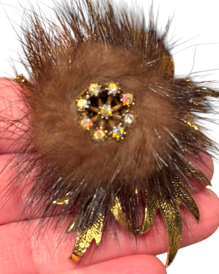Vintage Gold finish  Brown fancy Fur Brooch 1960s