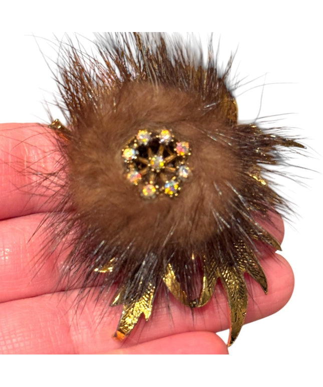 Vintage Gold finish  Brown fancy Fur Brooch 1960s