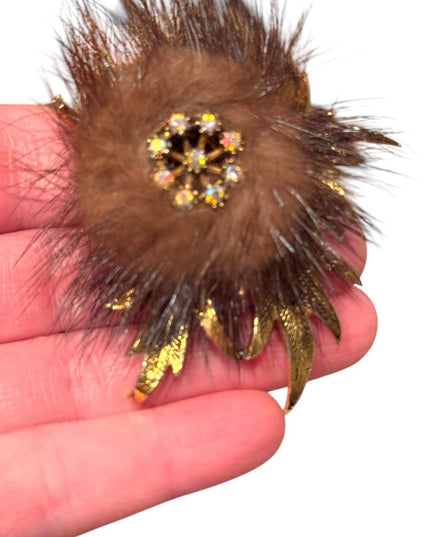 Vintage Gold finish  Brown fancy Fur Brooch 1960s