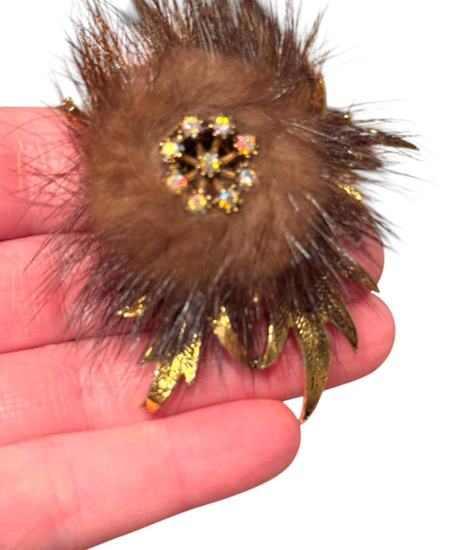 Vintage Gold finish  Brown fancy Fur Brooch 1960s