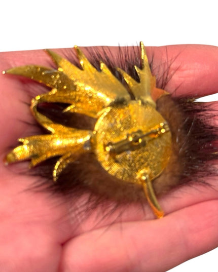 Vintage Gold finish  Brown fancy Fur Brooch 1960s