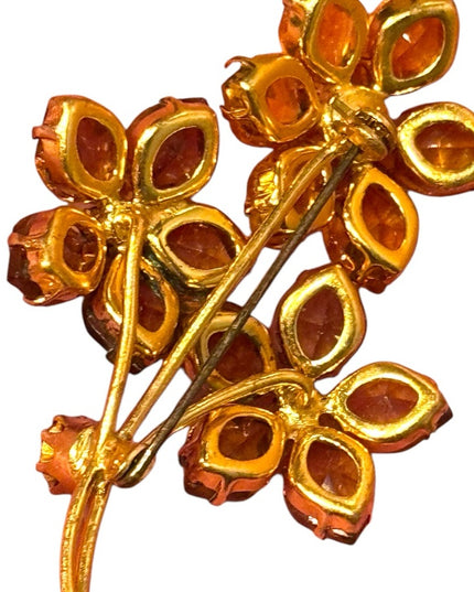 Vintage CZECH Amber crystal Floral Gold and Brown glass Brooch