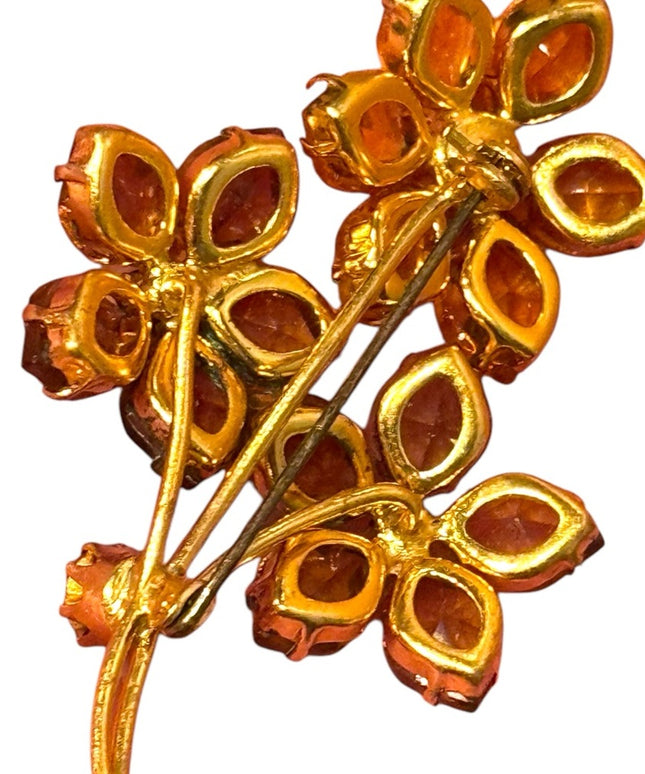 Vintage CZECH Amber crystal Floral Gold and Brown glass Brooch
