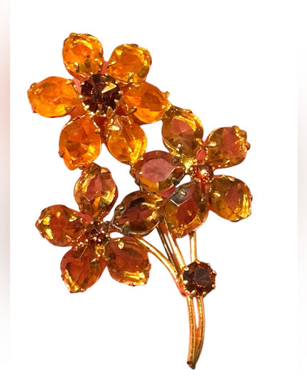 Vintage CZECH Amber crystal Floral Gold and Brown glass Brooch
