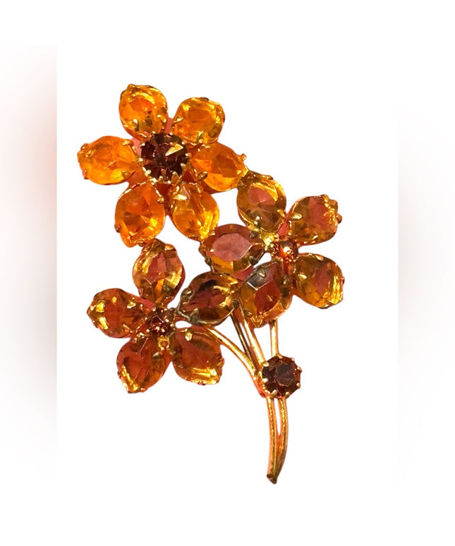 Vintage CZECH Amber crystal Floral Gold and Brown glass Brooch
