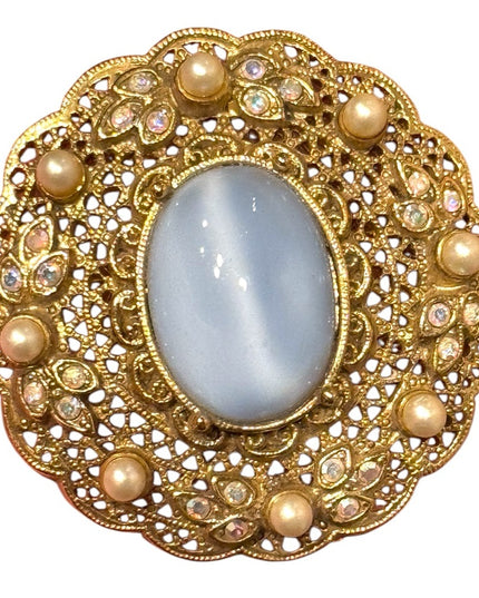 Vintage Gold fancy ornate filagree design Brooch Blue glass Stone pearls