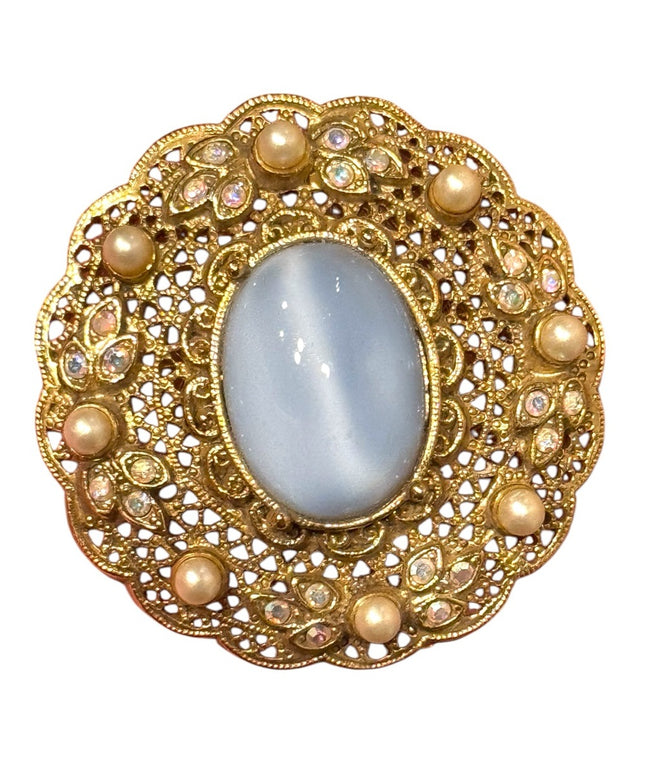 Vintage Gold fancy ornate filagree design Brooch Blue glass Stone pearls