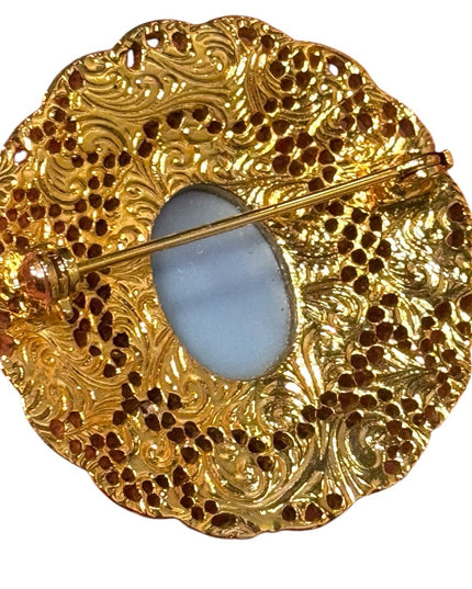 Vintage Gold fancy ornate filagree design Brooch Blue glass Stone pearls