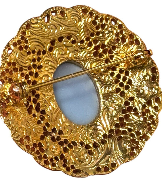 Vintage Gold fancy ornate filagree design Brooch Blue glass Stone pearls