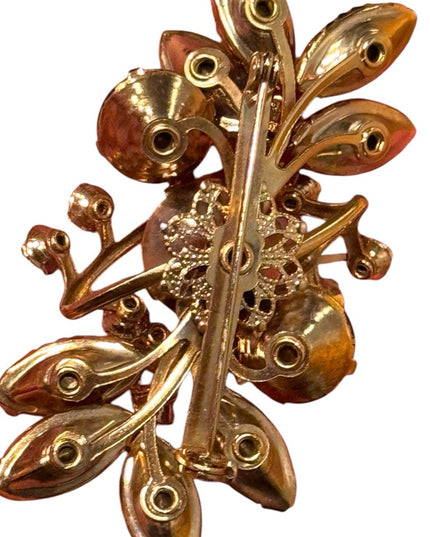 Vintage CZECH Glass amber gold crystals Gold Leaf floral
 Brooch