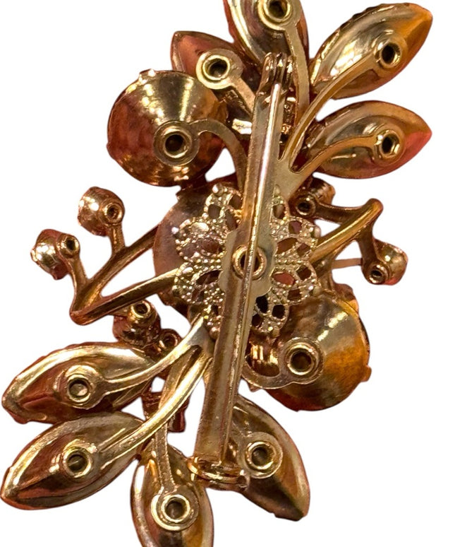 Vintage CZECH Glass amber gold crystals Gold Leaf floral
 Brooch
