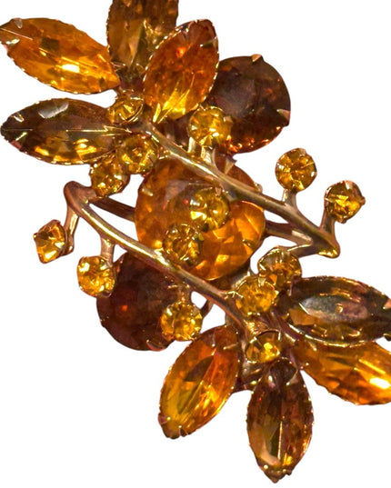 Vintage CZECH Glass amber gold crystals Gold Leaf floral
 Brooch