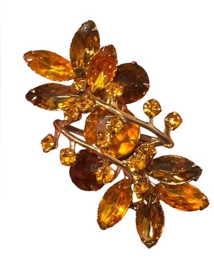 Vintage CZECH Glass amber gold crystals Gold Leaf floral
 Brooch