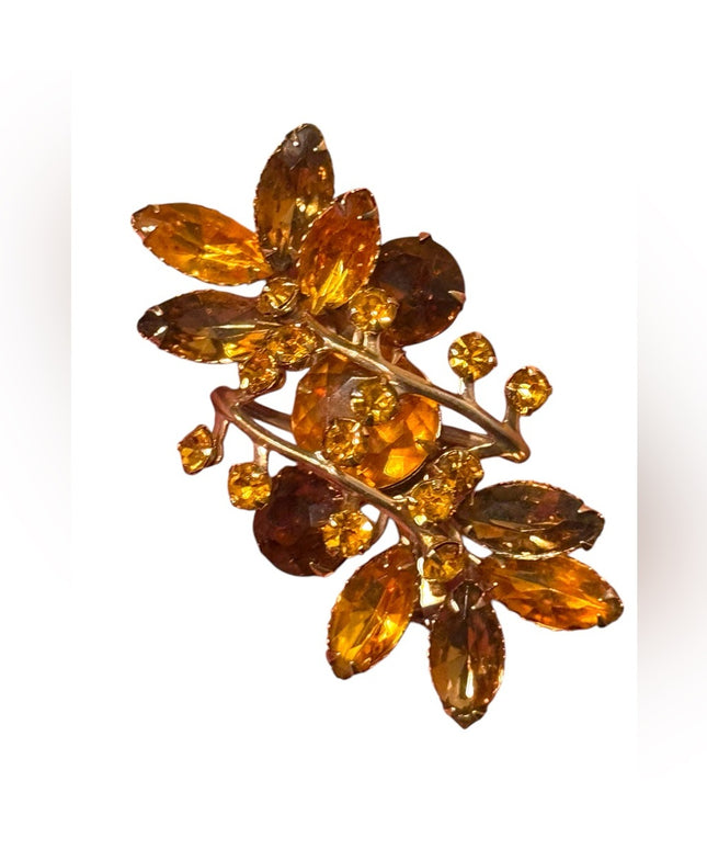 Vintage CZECH Glass amber gold crystals Gold Leaf floral
 Brooch