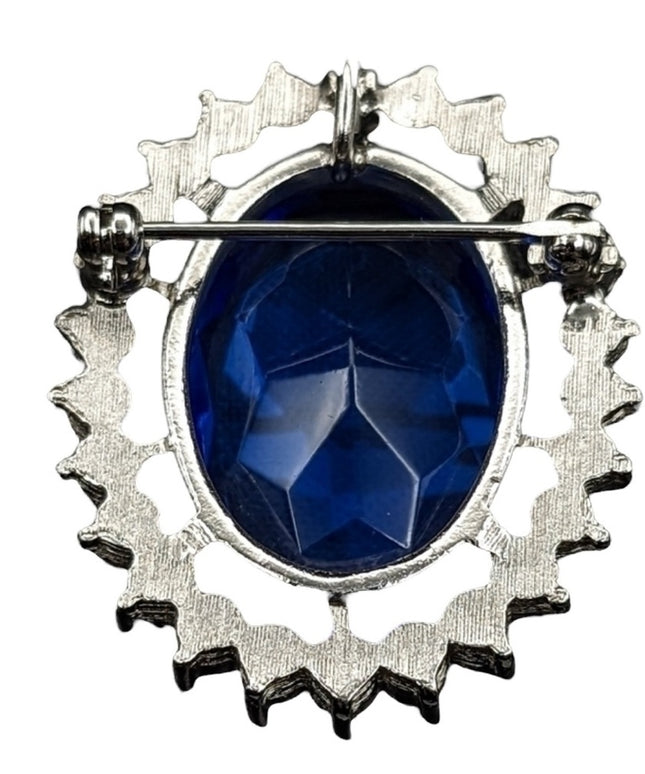 Elegant Vintage Blue Gemstone Brooch with Silver Accents