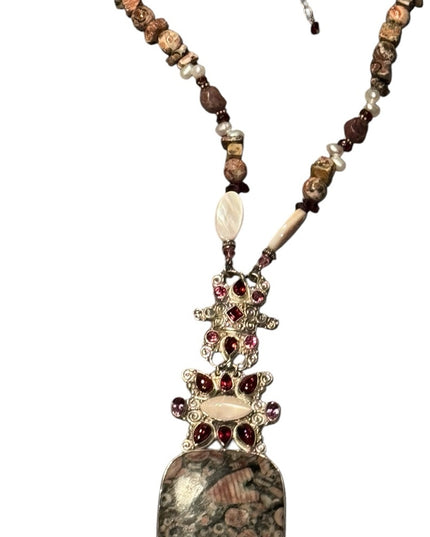 Vintage Sajen 925 Sterling Silver Necklace Garnet amethyst MOP fancy pendant