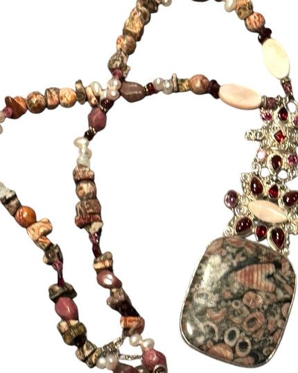 Vintage Sajen 925 Sterling Silver Necklace Garnet amethyst MOP fancy pendant