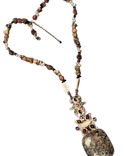 Vintage Sajen 925 Sterling Silver Necklace Garnet amethyst MOP fancy pendant