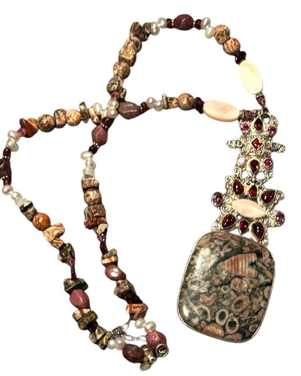 Vintage Sajen 925 Sterling Silver Necklace Garnet amethyst MOP fancy pendant