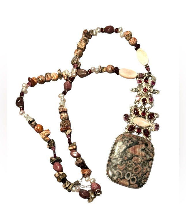Vintage Sajen 925 Sterling Silver Necklace Garnet amethyst MOP fancy pendant