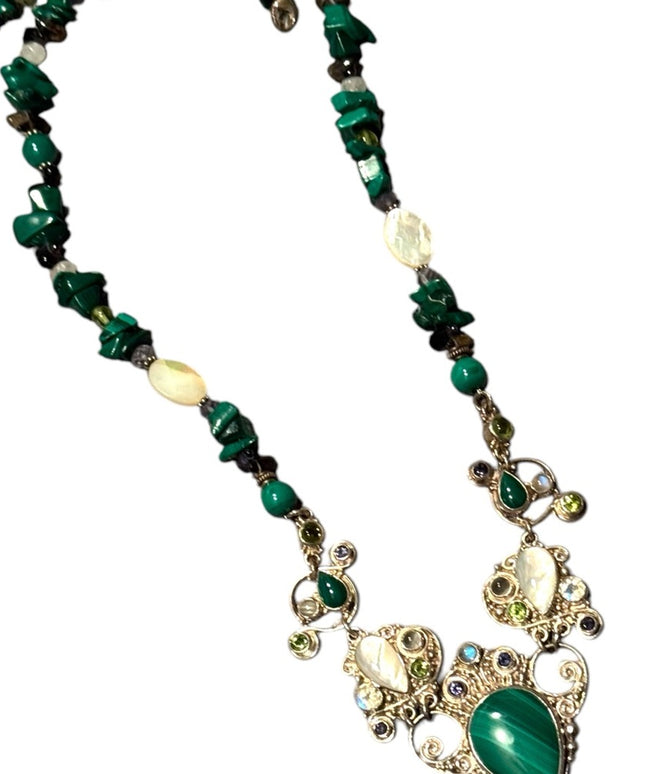 Elegant SAJEN Sterking silver 925 malachite MOP Peridot Green Beaded Necklace