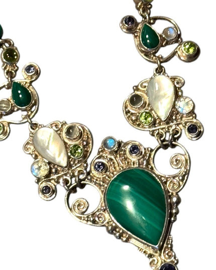 Elegant SAJEN Sterking silver 925 malachite MOP Peridot Green Beaded Necklace