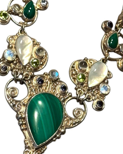 Elegant SAJEN Sterking silver 925 malachite MOP Peridot Green Beaded Necklace