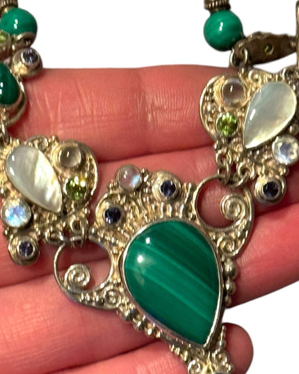 Elegant SAJEN Sterking silver 925 malachite MOP Peridot Green Beaded Necklace