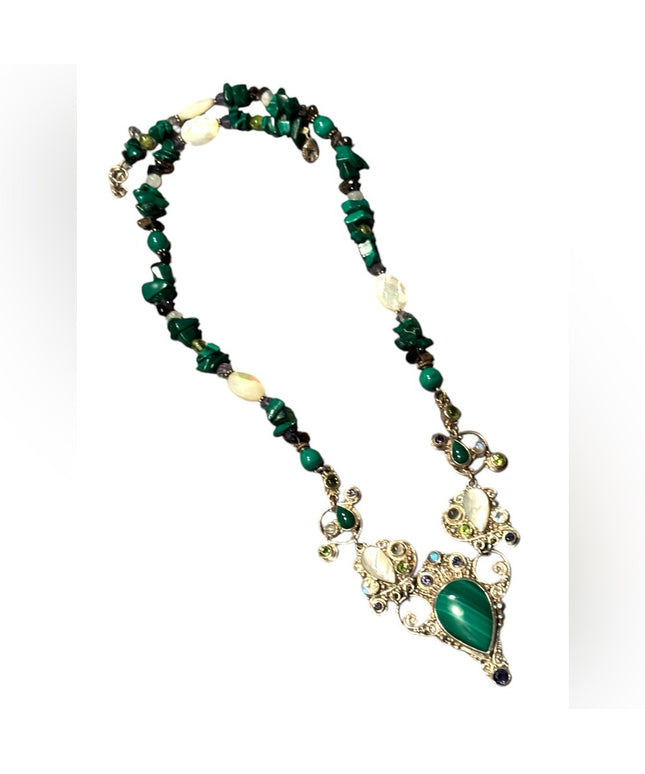 Elegant SAJEN Sterking silver 925 malachite MOP Peridot Green Beaded Necklace