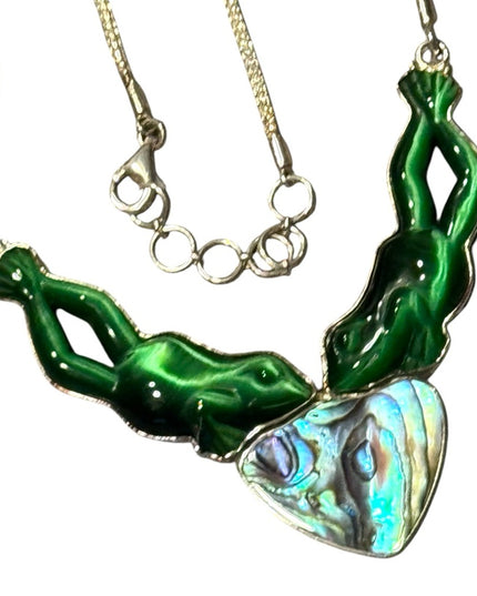 Vintage Sajen 925 Sterling FROG Cats eye Abalone Green and Iridescent Necklace