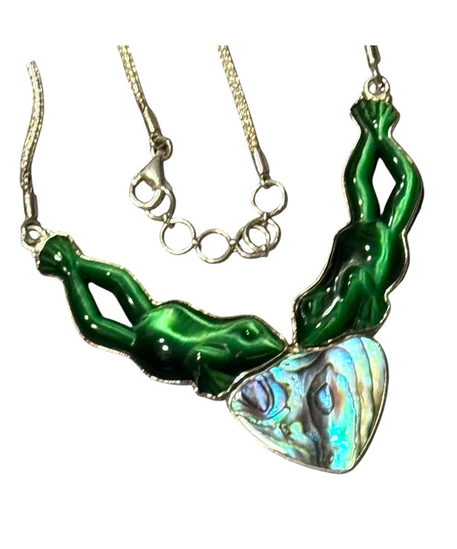 Vintage Sajen 925 Sterling FROG Cats eye Abalone Green and Iridescent Necklace