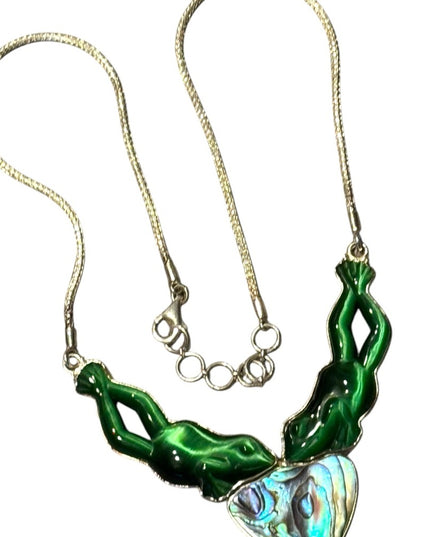 Vintage Sajen 925 Sterling FROG Cats eye Abalone Green and Iridescent Necklace