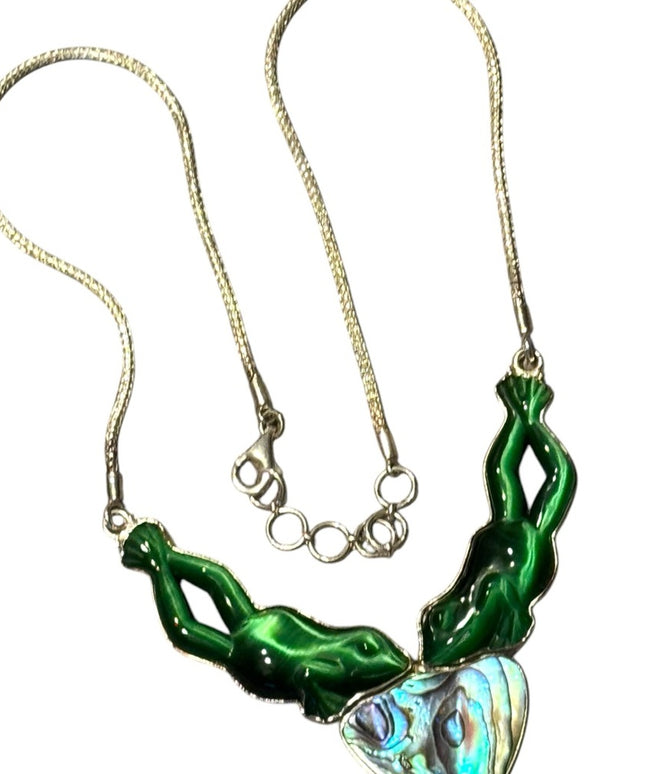Vintage Sajen 925 Sterling FROG Cats eye Abalone Green and Iridescent Necklace