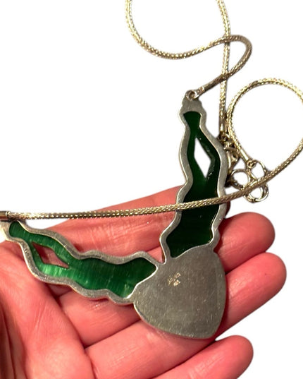 Vintage Sajen 925 Sterling FROG Cats eye Abalone Green and Iridescent Necklace