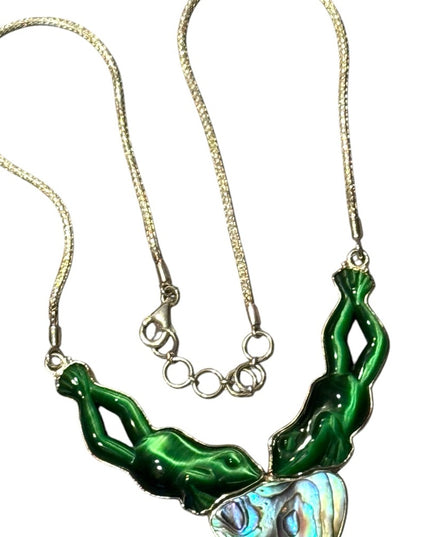 Vintage Sajen 925 Sterling FROG Cats eye Abalone Green and Iridescent Necklace