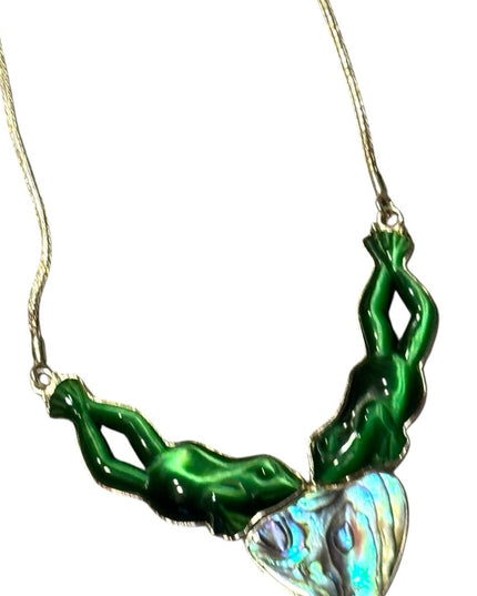 Vintage Sajen 925 Sterling FROG Cats eye Abalone Green and Iridescent Necklace