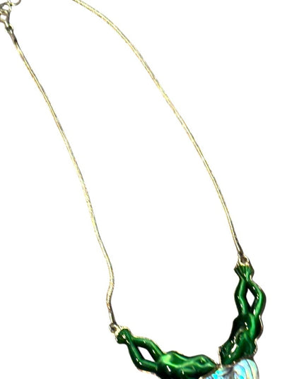 Vintage Sajen 925 Sterling FROG Cats eye Abalone Green and Iridescent Necklace