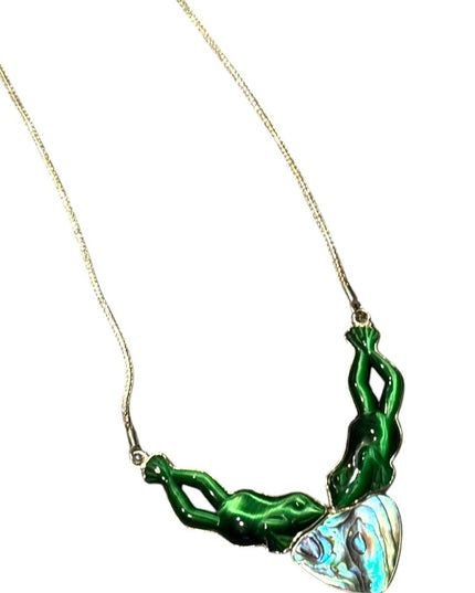Vintage Sajen 925 Sterling FROG Cats eye Abalone Green and Iridescent Necklace