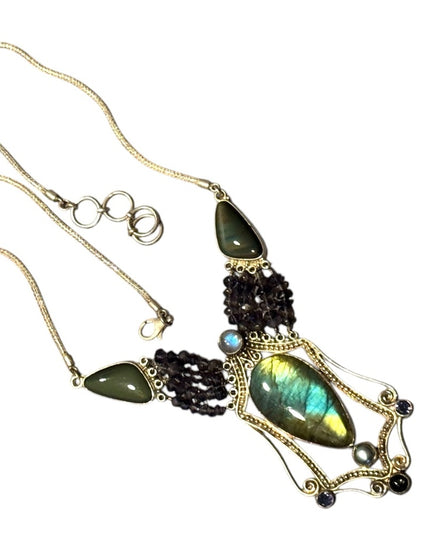 Bohemian Sajen 925 Sterling Labradorite amethyst onyx Statement necklace